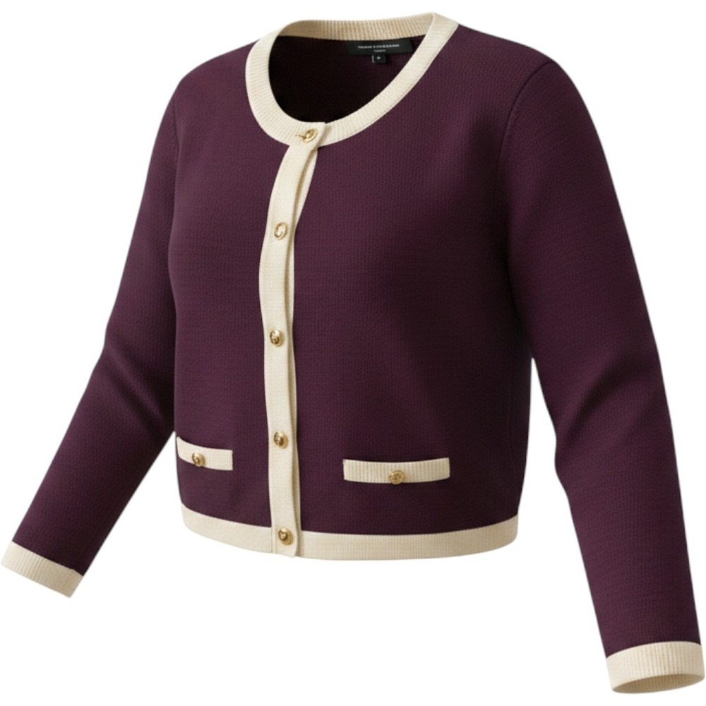 French Connection Cardigan Medium Contrast Trim Cream Gold Button Preppy Jacket